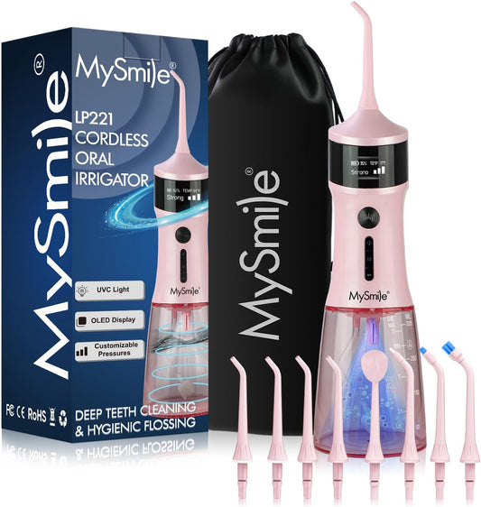 LP221 Cordless Water Flossers for Teeth with UVC Light Sanitizer and OLED Display, 335ML 4 Modes Water Teeth Cleaner Picks for Teeth Cleaning and Water Flossing (Juicy Pink)