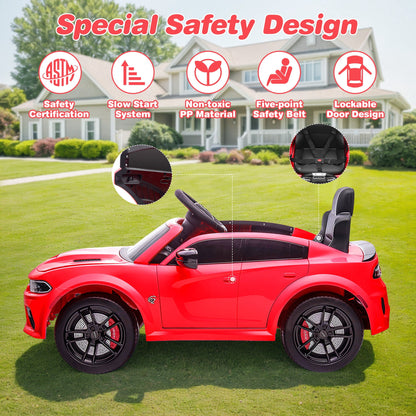 Dodge Electric Ride on Cars for Kids, 12V Licensed Dodge Charger SRT Hellcat Powered Ride on Toys with Parent Remote Control, Electric Car for Girls Boys 3-5 W/Music Player/Led Lights, Red